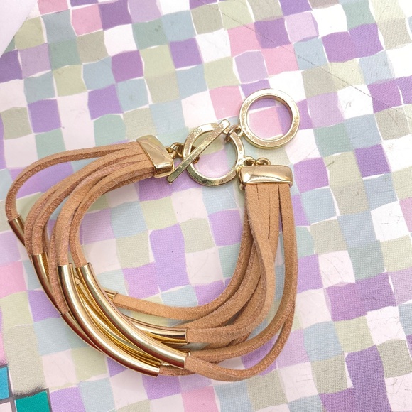 Suede Leather Toggle Clasp Gold Bar Beads Bracelet Bohemian 7'-8" - Picture 2 of 6